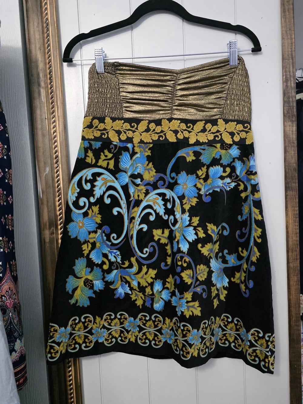 Free People Black Velvet A-Line Mini with Gold and Blue Floral Embroidery
